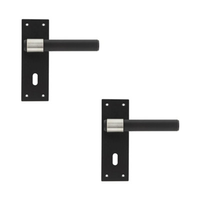 2 PACK Modern T-Bar Door Handle with Lockplate in Sleek Black Finish - Interior Lever on Backplate