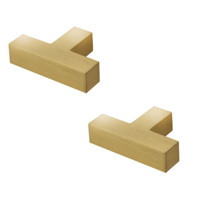 2 PACK Modern T Bar Square Cupboard Knob in Satin Brass - Elegant & Durable Design - Kitchen Cabinet Knob