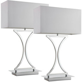 2 PACK Modern Table Lamp Light Chrome Metal & White Shade Square Desk Sideboard