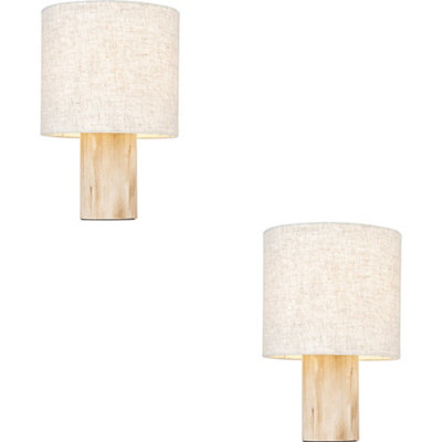 2 PACK Natural Eucalyptus Wood Table Lamp - Natural Linen Shade - 300mm Tall Light - 10W LED E27