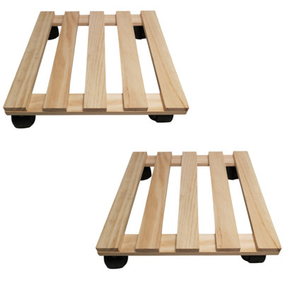 2 Pack of 28cm Square Wooden Garden Plant Pot Flower Trolley Stand On Wheels