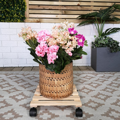 2 Pack of 28cm Square Wooden Garden Plant Pot Flower Trolley Stand On Wheels