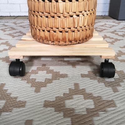 2 Pack of 28cm Square Wooden Garden Plant Pot Flower Trolley Stand On Wheels - 3