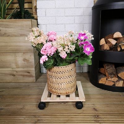 2 Pack of 28cm Square Wooden Garden Plant Pot Flower Trolley Stand On Wheels - 4