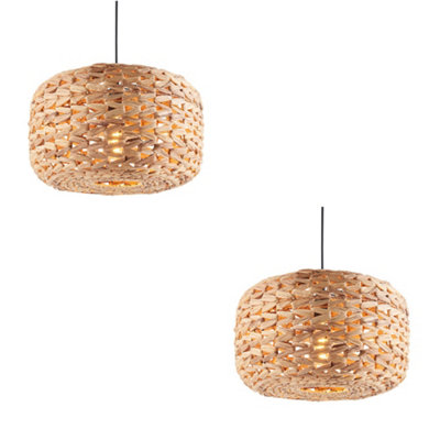 2 Pack of Handwoven Natural Water Hyacinth Pendant Lights with 10W LED Bulb Compatibility