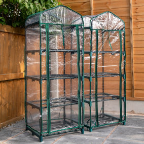 2 PACK Of Outdoor Garden Mini Greenhouse 130cm Tall With 4 Shelves Green House, Waterproof Transparent PVC Cover Roll Up Zip Door