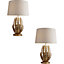 2 PACK Ornate Gold Table Lamp & Ivory Cotton Fabric Shade Decorative Leaf Design