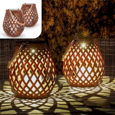 2 Pack Outdoor Solar Lanterns Rattan Effect LED Lights for Garden Patio ...