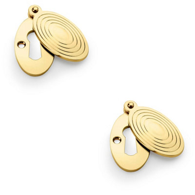 2 PACK - Oval Standard Lock Profile Escutcheon Ringed Swing Cover - Unlaquered Brass