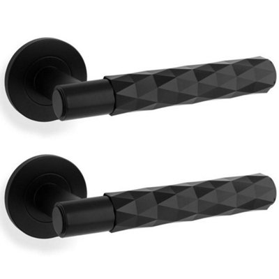 2 PACK - PAIR Diamond Lever on Round Rose Door Handle - Matt Black Concealed Screw