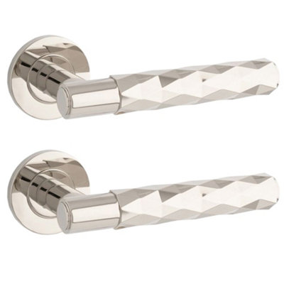 2 PACK - PAIR Diamond Lever on Round Rose Door Handle - Polished Nickel Concealed Screw