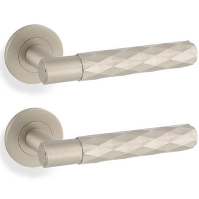 2 PACK - PAIR Diamond Lever on Round Rose Door Handle - Satin Nickel Concealed Screw