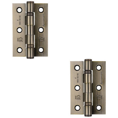 2 PACK - PAIR Grade 7 Ball Bearing Hinge - 76 x 51mm Antique Brass Interior Door Fixing