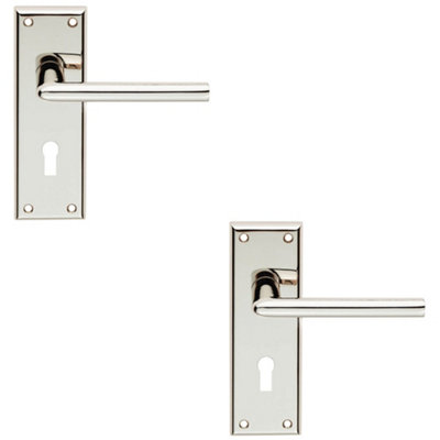 2 PACK - PAIR Rounded Lever on Lock Backplate Door Handle 150 x 50mm Polished Nickel