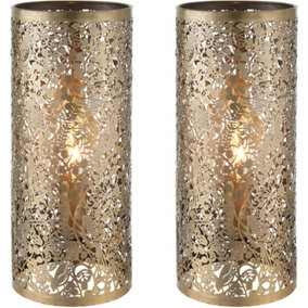 2 PACK - Pattern Table Lamp Light Aged Brass Floral Bird Metal Cylindrical Shade