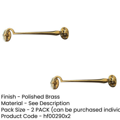 2 PACK Polished Brass Cabin Hook 250mm - Classic Door Hardware - Hook & Eye Arm Lock