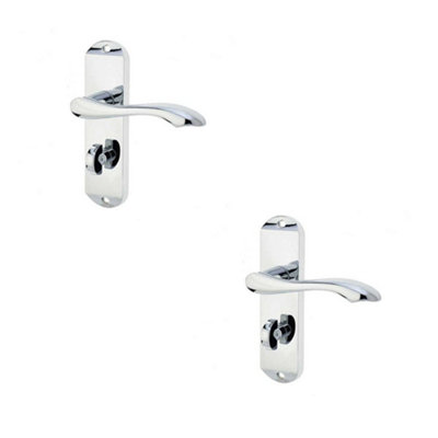 2 PACK Polished Chrome Suite Door Handle with Bathroom Plate - Modern Design - Interior Lever on Backplate