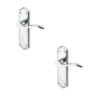 2 PACK Polished Chrome Suite Door Handle with Lockplate for Modern Interiors - Interior Lever on Backplate