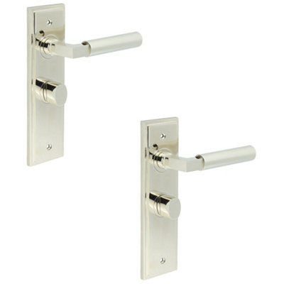 2 PACK Polished Nickel Bathroom Door Handle Backplate and Turn Release - Solid Brass Interior Handle