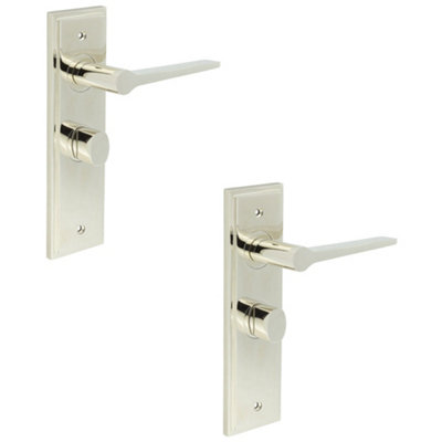 2 PACK Polished Nickel Bathroom Door Handle with Backplate and Turn Release - Solid Brass Handle