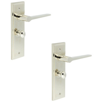 2 PACK Polished Nickel Bathroom Door Handle with Backplate and Turn Release - Solid Brass Interior Handles