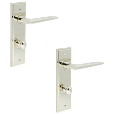 2 PACK Polished Nickel Bathroom Door Handle with Backplate and Turn Release Solid Brass - Interior Handle