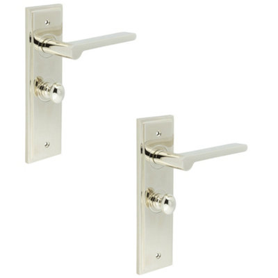 2 PACK Polished Nickel Bathroom Door Handle with Backplate and Turn & Release - Solid Brass Interior Handle