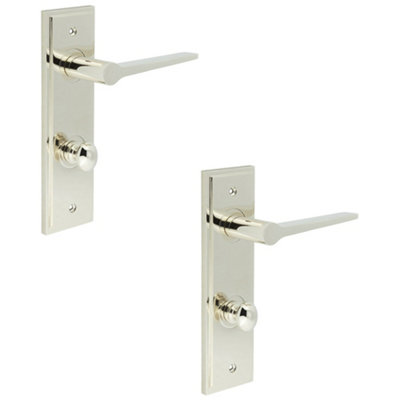 2 PACK Polished Nickel Bathroom Door Handle with Backplate and Turn Release Solid Brass Interior Handle