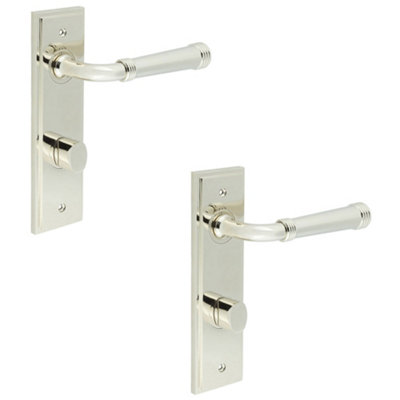 2 PACK Polished Nickel Bathroom Door Handle with Backplate and Turn Release - Solid Brass - Interior Handle