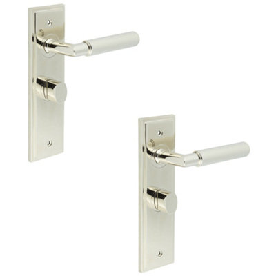 2 PACK Polished Nickel Bathroom Door Handle with Backplate and Turn Release - Solid Brass Interior Handle