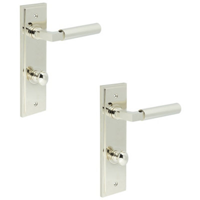 2 PACK Polished Nickel Bathroom Door Handle with Backplate and Turn Release - Solid Brass Interior Lever Handle