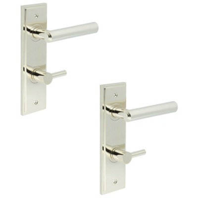 2 PACK Polished Nickel Bathroom Door Handle with Backplate and Turn Release - Solid Brass Interior Lever