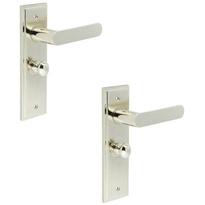 2 PACK Polished Nickel Bathroom Door Handle with Backplate and Turn Release - Solid Brass Interior Toilet Handle
