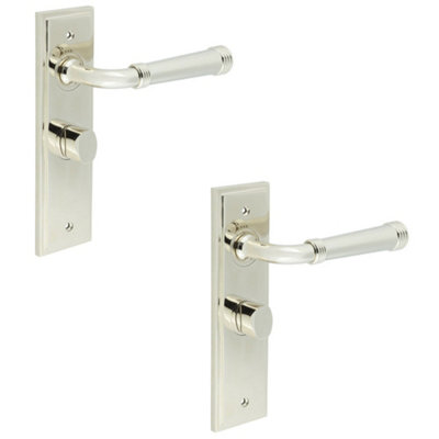 2 PACK Polished Nickel Bathroom Door Handle with Backplate and Turn Release - Solid Brass - Interior Toilet  Handle