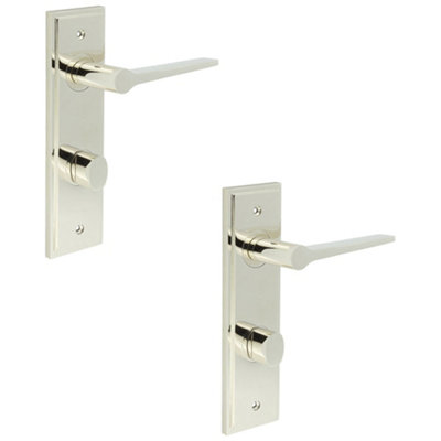 2 PACK Polished Nickel Bathroom Door Handle with Backplate and Turn Release - Solid Brass Interior WC Handle