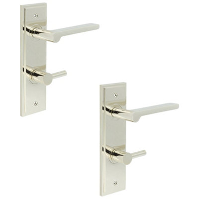 2 PACK Polished Nickel Bathroom Door Handle with Backplate and Turn Release - Solid Brass Internal Handle