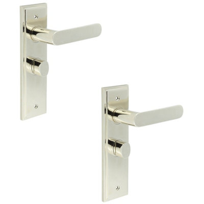 2 PACK Polished Nickel Bathroom Door Handle with Backplate and Turn Release - Solid Brass Toilet Handle