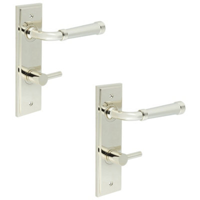 2 PACK Polished Nickel Bathroom Door Handle with Backplate Turn Release - Solid Brass Interior Handle