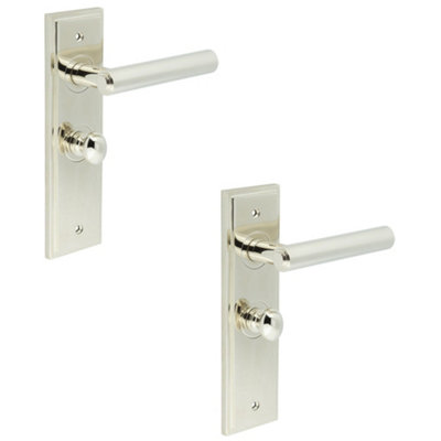 2 PACK Polished Nickel Bathroom Door Handle with Backplate Turn Release - Solid Brass Interior Lever