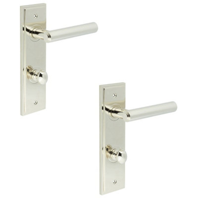 2 PACK Polished Nickel Bathroom Door Handle with Backplate Turn Release Solid Brass Interior Lever