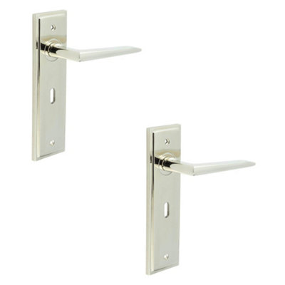 2 PACK Polished Nickel Door Handle Lock Backplate for Modern Homes - Solid Brass Interior Handle