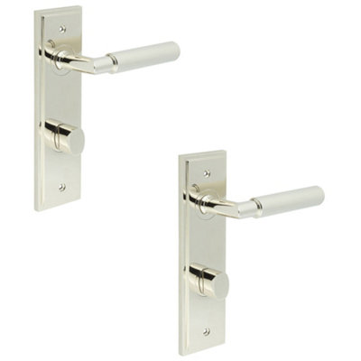 2 PACK Polished Nickel Door Handle with Backplate for Bathroom - Stylish Lever & Release - Solid Brass Interior Handle