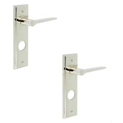 2 PACK Polished Nickel Door Handle with Backplate for Bathrooms - Solid Brass Interior Handle