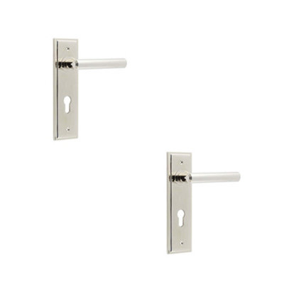 2 PACK Polished Nickel Euro Backplate Door Handle - Elegant Solid Brass Lever - Solid Brass Interior Lever