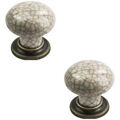 2 PACK - Porcelain Mushroom Cupboard Door Knob 36mm Dia - Antique Brass & Ivory Glaze