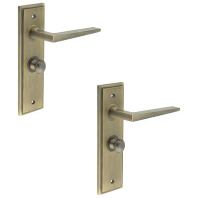 2 PACK Premium Antique Brass Bathroom Door Handle with Turn & Release Mechanism - Solid Brass Interior Handle