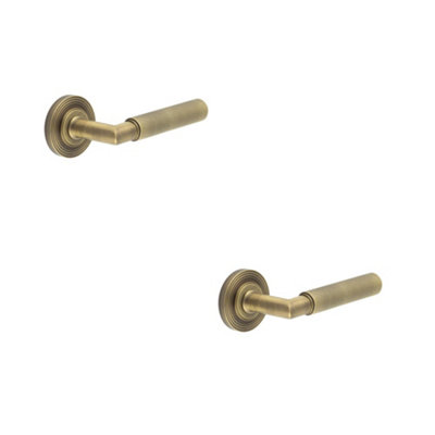 2 PACK Premium Antique Brass Door Handle with Reeded Rose Design - Solid Brass Interior Handle
