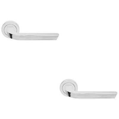 2 PACK - Premium Art Deco Door Handle Set - Polished Chrome Reeded Lever on Round Rose