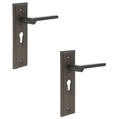 2 PACK Premium Dark Bronze Door Handle with Euro Backplate - Solid Brass Interior Handle