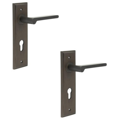 2 PACK Premium - Dark Bronze Door Handle with Euro Backplate - Solid Brass Interior Handle